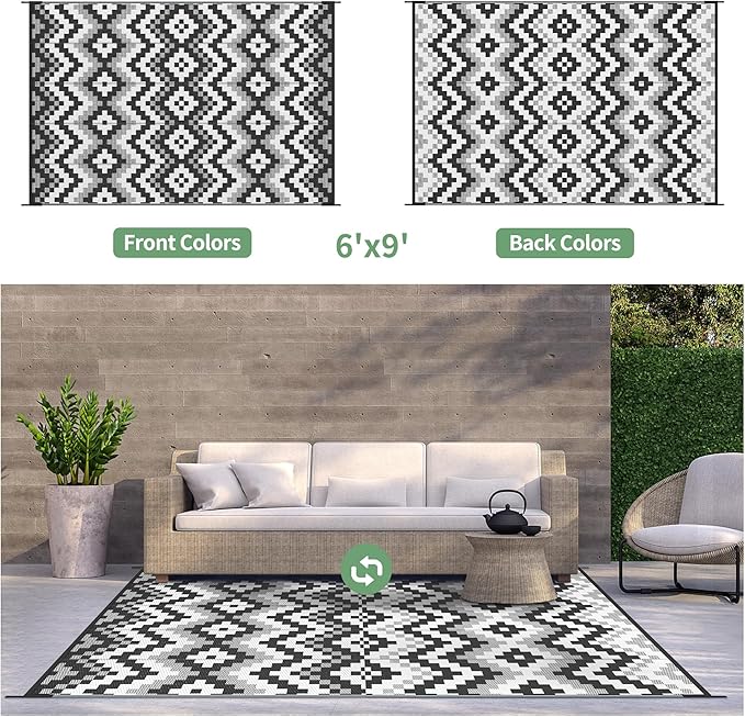 GENIMO Outdoor Rug for Patio, 6' x 9' Lightweight Waterproof Plastic Straw Rugs, Reversible Camping Carpet, Large Area Rugs Mat for RV, Deck, Balcony, Porch, Backyard, Black & White