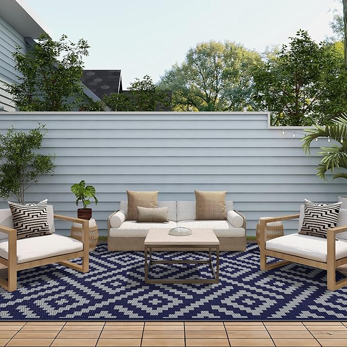 GENIMO Outdoor Rug for Patio Clearance, 8'x10' Waterproof Camping Mat, Reversible Plastic Straw Rugs for RV, Camper, Balcony, Backyard, Picnic, Deck (Blue & Grey)