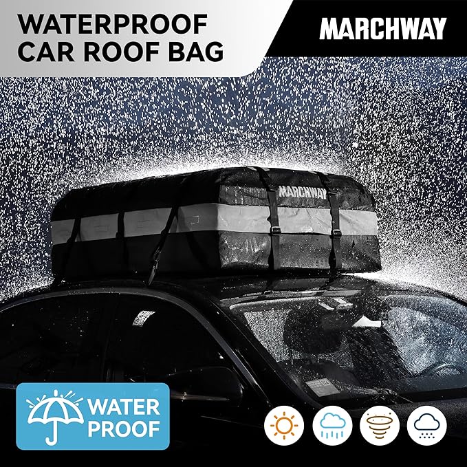 MARCHWAY Waterproof Car Roof Luggage Bag, Weatherproof Soft Shell Rooftop Cargo Carrier Bag for Vehicles with or Without Rack. 6 Door Hooks, Anti Slip Mat, Lock Included (15 Cubic Feet, Black)