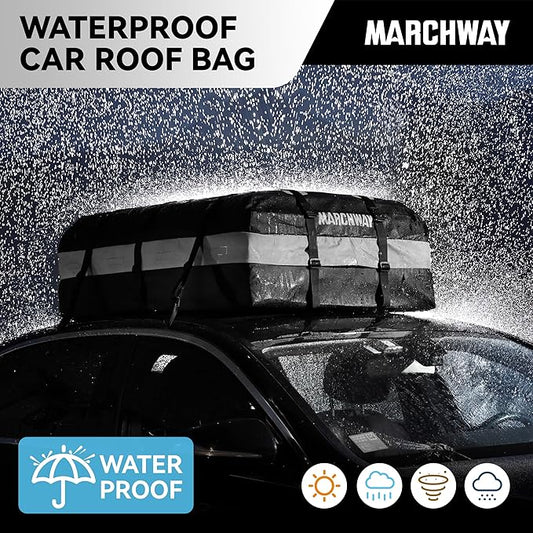 MARCHWAY Waterproof Car Roof Luggage Bag, Weatherproof Soft Shell Rooftop Cargo Carrier Bag for Vehicles with or Without Rack. 6 Door Hooks, Anti Slip Mat, Lock Included (15 Cubic Feet, Black)