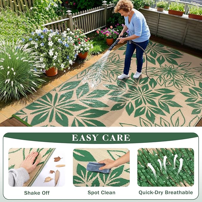 Waterproof Outdoor Rugs 5x8, Green Outdoor Plastic Straw Rug Double-Sided, Fade Resistant Patio Rug, Easy Cleaning RV Camping Mats Outside Carpet Portable for Balcony Porch Garden Deck Picnic