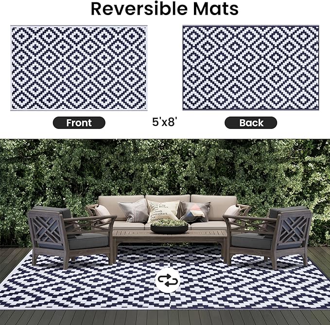 Smiry Waterproof Outdoor Rug 5x8 ft, Reversible Plastic Straw Patio Camping Rugs, Outdoor Indoor RV Mat Carpet for Patio, Outside Entry, Backyard, Deck, Bench, Picnic, Camper, White & Navy