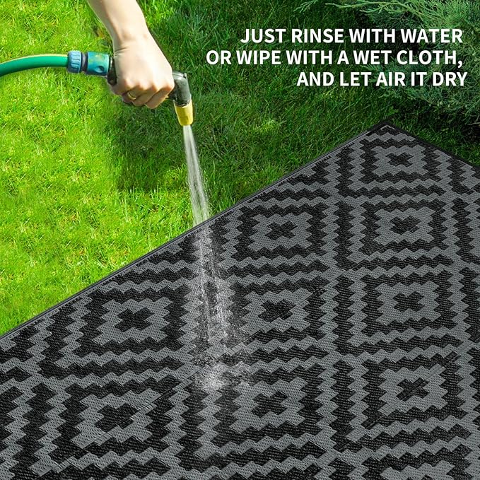 Outdoor Patio Plastic Straw Rug - 9'x18' Outdoor Camping Rug Waterproof Reversible, Area Carpet Patios Clearance RV, Outside Porch Balcony Deck for Camper, Black & Grey