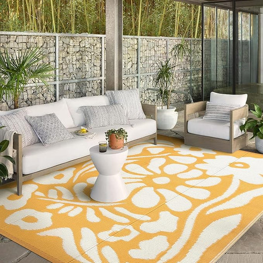 Wonnitar Outdoor Rugs 8x10,Waterproof Large Plastic Outdoor Patio Rug Clearance,Reversible Outside Portable Camping Mat,Abstract Floral Lightweight Carpet for Balcony Beach RV Camper (Orange, 8'x10')