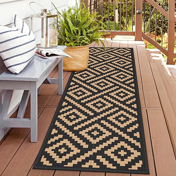 GENIMO Outdoor Rug 2.5'x8' Waterproof, Reversible Camping Mat, Plastic Straw Rugs for Patio, RV, Camper, Balcony, Backyard, Picnic, Deck (Black & Brown)