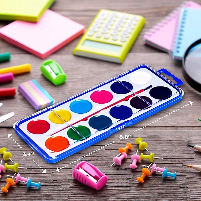 Pack of 12 Watercolor Paint Set for Kids - Washable Paint Sets with 12 Vibrant Colors - Suitable for Home, Classroom, and Art Parties - Includes Paintbrush for Creative Fun Activity on the Go