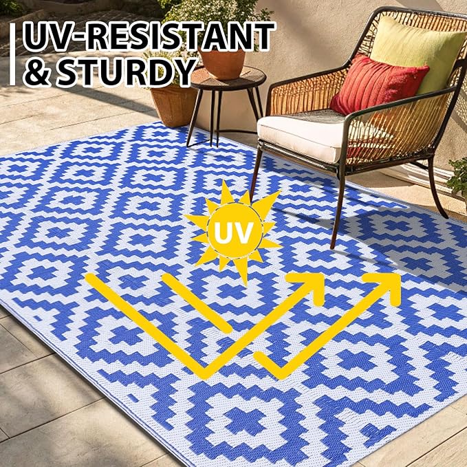 Smiry Waterproof Outdoor Rug 9x12 ft, Reversible Plastic Straw Patio Camping Rugs, Outdoor Indoor RV Mat Carpet for Patio, Outside Entry, Backyard, Deck, Bench, Picnic, Camper, White & Blue