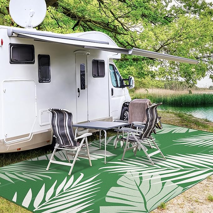 GENIMO Outdoor Rug 10' x 14' Waterproof for Patios Clearance, Reversible Outdoor Plastic Straw Camping Rug Carpet, Large Area Rugs Mats for RV, Camper, Deck, Balcony, Porch, Beach, Dark Green&White