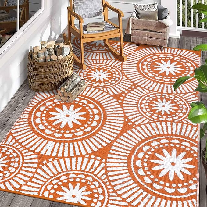 Ileading Outdoor Plastic Straw Rug 6x9ft Modern Geometric Style Reversible Patio Area Rugs Waterproof Non Shedding Portable Carpets for Rv Outside Deck Pool Beach Picnic Camping (Orange)