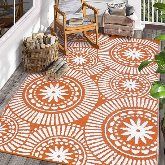 Ileading Outdoor Plastic Straw Rug 6x9ft Modern Geometric Style Reversible Patio Area Rugs Waterproof Non Shedding Portable Carpets for Rv Outside Deck Pool Beach Picnic Camping (Orange)