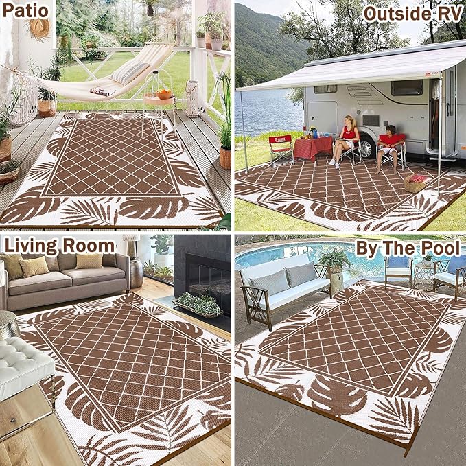 Ileading Outdoor Rug Carpet for Patio 5' x7' Waterproof Reversible Plastic Straw Rug Portable Outside Area Rug Camping Mat for Patio, Clearance, Balcony, Picnic, Pool, Beach, RV, Deck, Leaf Brown