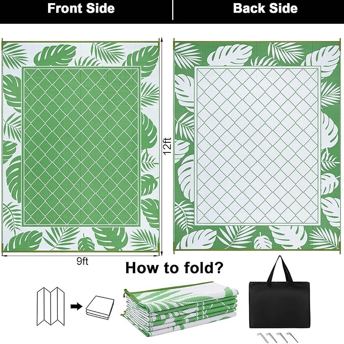 Ileading Outdoor Rug Carpet for Patio 9'x12' Waterproof Reversible Plastic Straw Rug Portable Outside Area Rug Camping Mat for Patio, Clearance, Balcony, Picnic, Pool, Beach, RV, Deck, Green