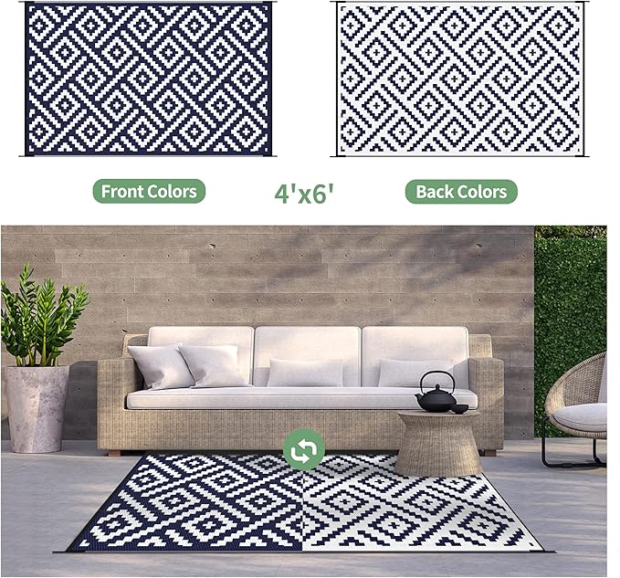 GENIMO Outdoor Rug 4x6 Waterproof, Reversible Mats, Outdoor Area Rug, Plastic Outside Carpet, Eeometric Rv Mat for Patio Camping Rv Picnic Backyard Deck Balcony Porch Beach Trailer(Navy Blue & White)