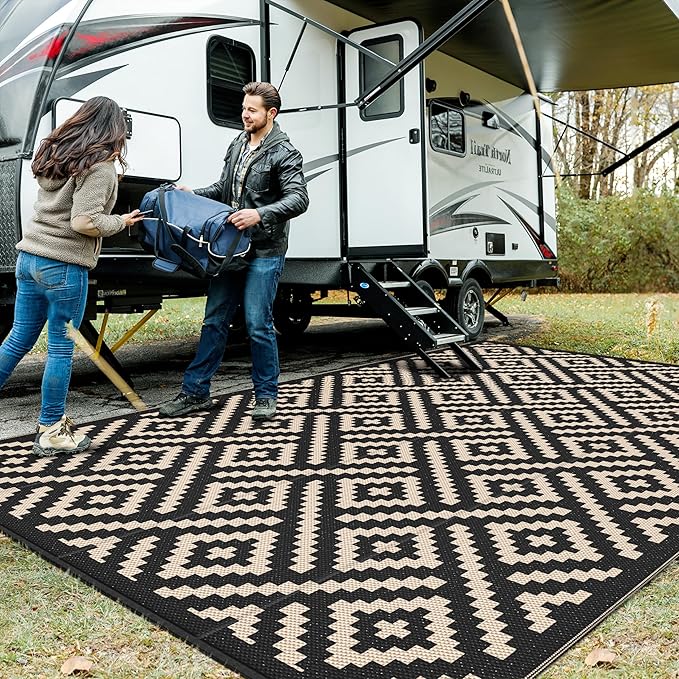 GENIMO Outdoor Rug for Patio Clearance, 10'x14' Waterproof Large Camping Mat, Reversible Plastic Straw Rugs for RV, Camper, Balcony, Backyard, Picnic, Deck (Black & Beige)