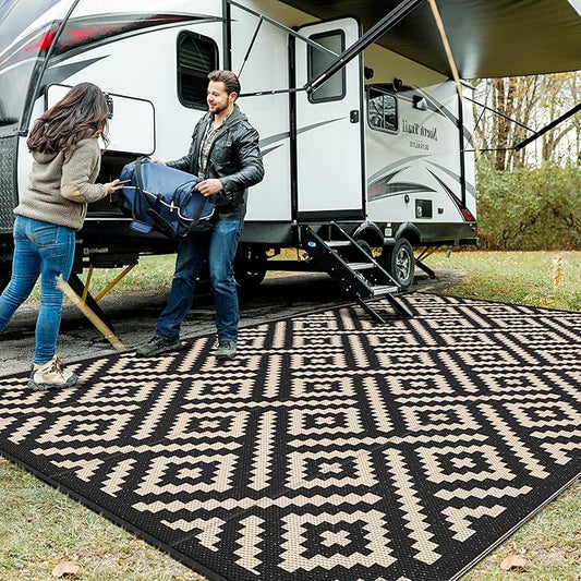 GENIMO Outdoor Rug for Patio Clearance, 10'x14' Waterproof Large Camping Mat, Reversible Plastic Straw Rugs for RV, Camper, Balcony, Backyard, Picnic, Deck (Black & Beige)