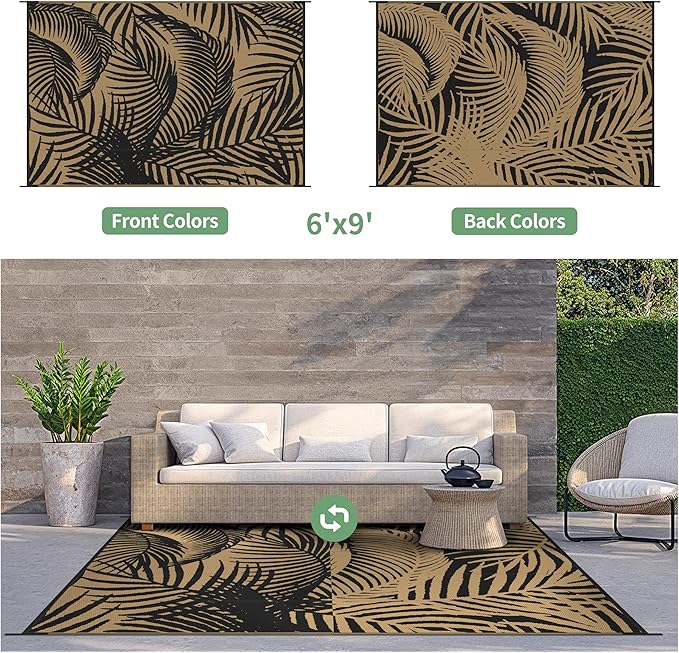 GENIMO Outdoor Rug 6' x 9' Waterproof for Patio Clearance, Reversible Plastic Straw Camping Carpet, Lightweight Mats for Rv, Backyard, Deck, Porch, Picnic, Beach, Balcony, Black & Brown