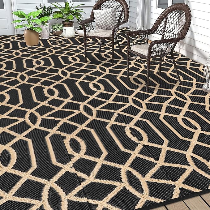 HEBE Outdoor Rug 9'x12' for Patios Waterproof Clearance Reversible Patio Mat Plastic Straw Rug RV Camping Mat Outside Area Rug Carpet for Camping RV,Porch,Deck,Balcony,Camper,Backyard