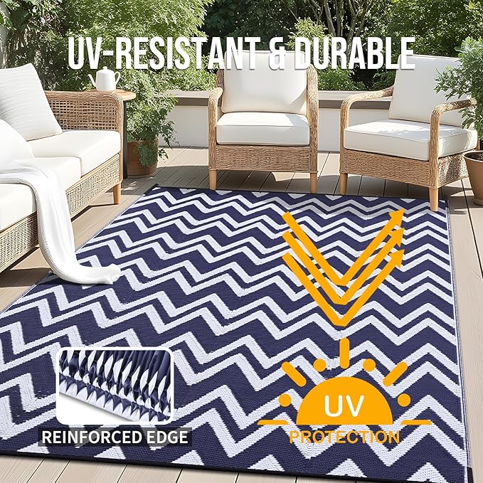 OLANLY Waterproof Outdoor Rug 8x10 ft Clearance, Reversible Outdoor Plastic Straw Rug, RV Mat, Indoor Outdoor Carpet for Patio, Camping, Balcony, Deck, Backyard, Navy & White