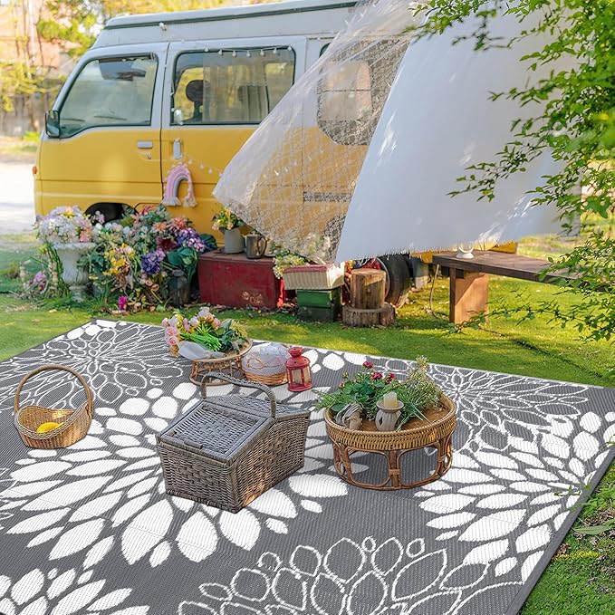 Ileading Reversible Outdoor Rug 6x9Ft Waterproof Patio Rug Carpet Portable Outdoor Plastic Straw Rug Large RV Camping Mat Rug for Patio, Clearance, Deck, Beach, Porch, Camping, Picnic, Flower Grey