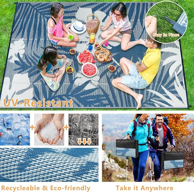 Homcomoda Outdoor Rugs 8’x10’ Waterproof Reversible Patio Rugs Outdoor Clearance Lightweight Outdoor Rugs Portable RV Camping Mats for Tents Deck Porch BBQ Beach Backyard
