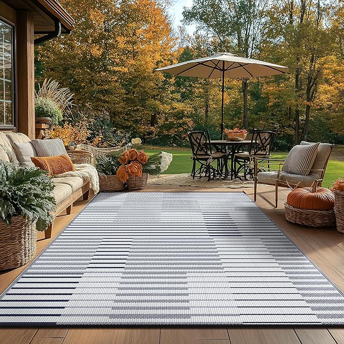 GENIMO Outdoor Rug for Patio Clearance, 6'x9' Waterproof Camping Mat, Reversible Plastic Straw Rugs for RV, Camper, Balcony, Backyard, Picnic, Deck (Blue&White)