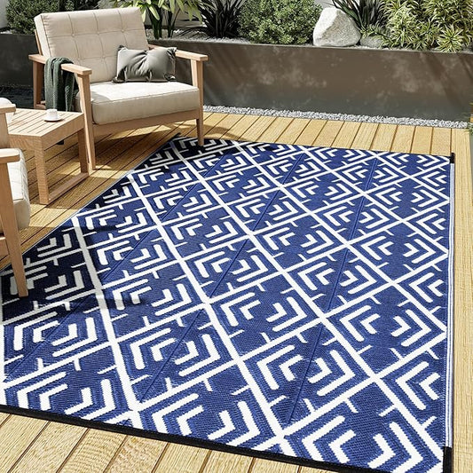 Outdoor Plastic Straw Rug, Waterproof Outdoor Rugs for Patios Clearance, Reversible Area Rug, Large Outside Carpet for Camping, Balcony, RV, Deck, Picnic, Beach (5x8ft Boho/Blue&White)