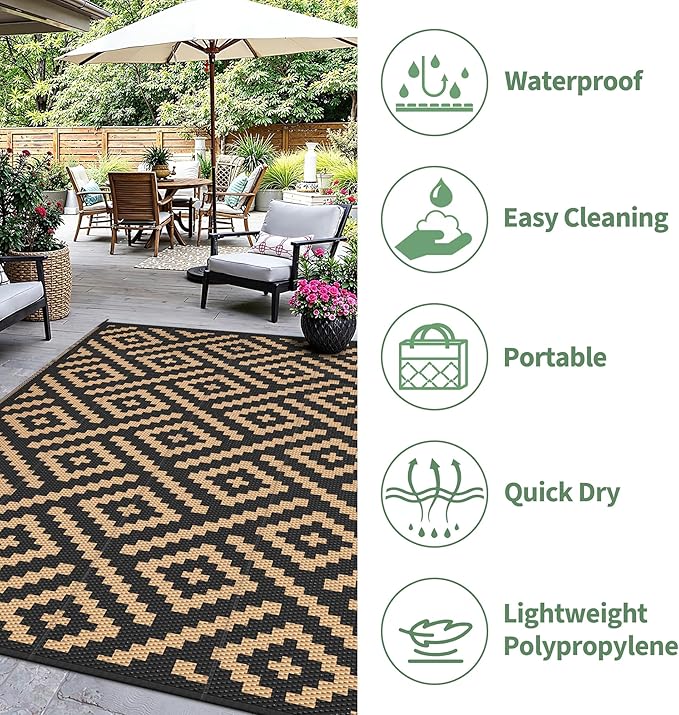 Outdoor Rug for Patio - Waterproof Plastic Straw Camping Rugs 9x12 ft, Reversible Outdoor Indoor RV Mat Carpet for Patio, Porch, Deck, Balcony, Picnic, Beach, Black Brown