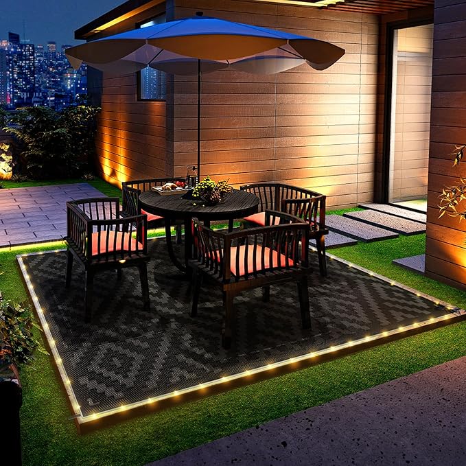 GENIMO Outdoor Rug with LED Strip Lights, 9'x12' Waterproof Camping Mat, Reversible Plastic Straw Rugs for Patio, RV, Camper, Balcony, Backyard, Picnic, Deck, Black & Gray