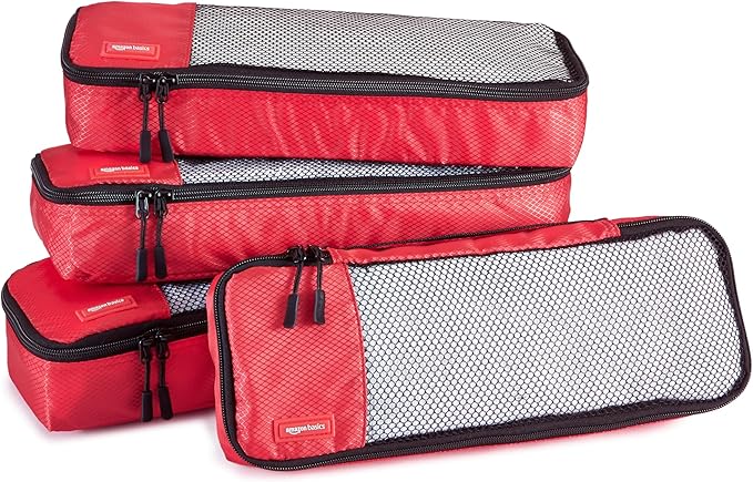 Amazon Basics Slim Packing Cubes for Travel, Packing Organizers, 4-Piece-Set With Double Zipper Pulls and Mesh Top Panel, 100% Durable Polyester, Red, 14"L x 5"W x 3"H
