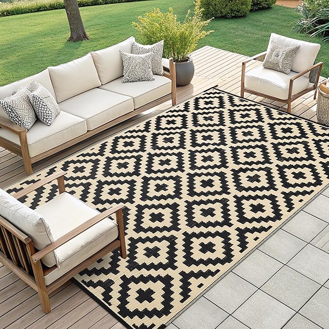 Smiry Waterproof Outdoor Rug 9x12 ft, Reversible Plastic Straw Patio Camping Rugs, Outdoor Indoor RV Mat Carpet for Patio, Outside Entry, Backyard, Deck, Bench, Picnic, Camper, Black & Beige