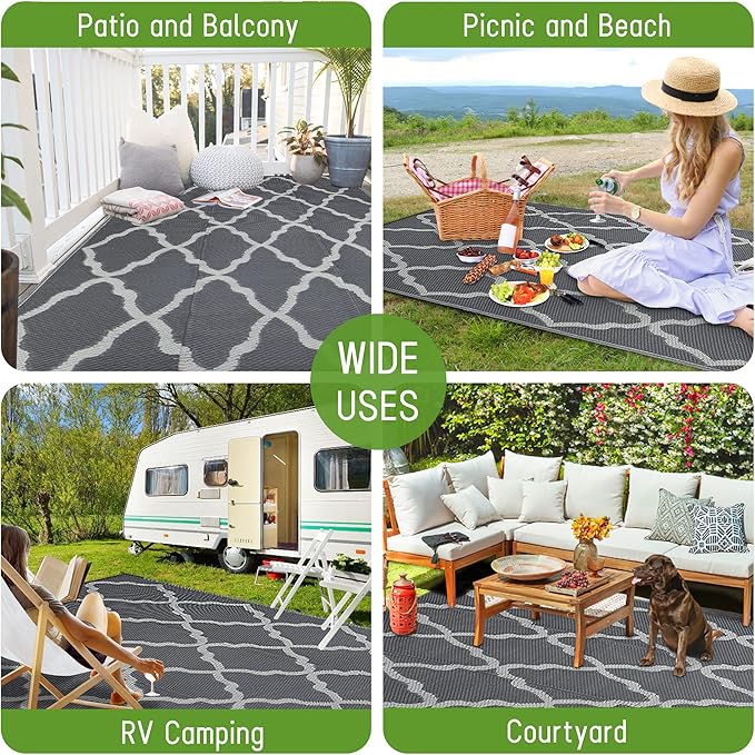 Easy-Going Reversible Outdoor Rugs 5x8ft Waterproof Plastic Straw Rug Stain & UV Resistant Floor Mat for Patio Porch RV Backyard Pool Deck Picnic Beach Trailer Camping (Moroccan Grey & Light Grey)