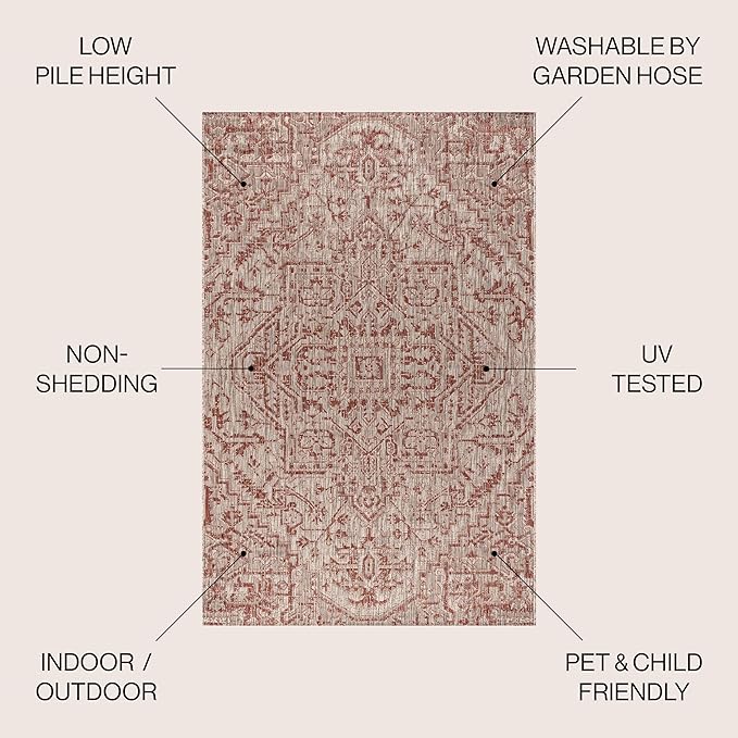 JONATHAN Y SMB105A-5SQ Estrella Bohemian Medallion Textured Weave Indoor Outdoor Area-Rug Coastal Bohemian Rustic Glam Easy-Cleaning Bedroom Kitchen Backyard Patio Non Shedding, 5' Square, Red/Taupe