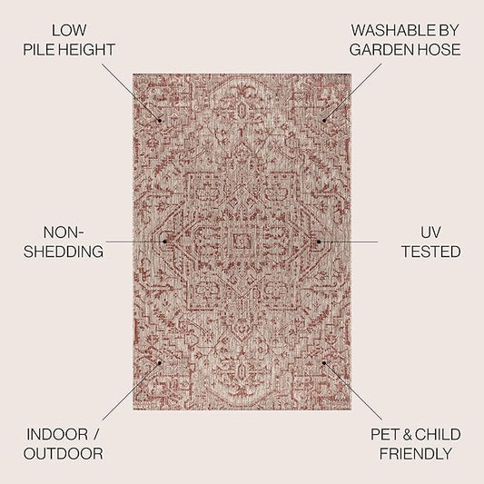 JONATHAN Y SMB105A-5SQ Estrella Bohemian Medallion Textured Weave Indoor Outdoor Area-Rug Coastal Bohemian Rustic Glam Easy-Cleaning Bedroom Kitchen Backyard Patio Non Shedding, 5' Square, Red/Taupe