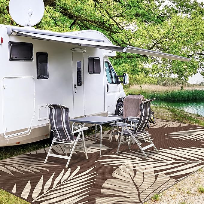 GENIMO Outdoor Rug 9' x 18' Waterproof for Patios Clearance, Reversible Outdoor Plastic Straw Camping Rug Carpet, Large Area Rugs Mats for RV, Camper, Deck, Balcony, Porch, Beach, Coffee&Beige