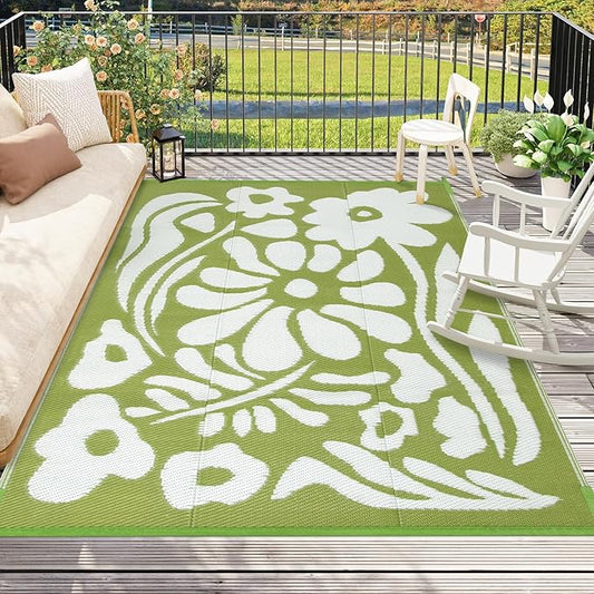 Wonnitar Outdoor Rugs 6x9 Waterproof, Plastic Straw RV Rugs for Outside, Large Portable RV Outdoor Rugs for Camping, Reversible Green Flower Picnic Mat for Camper Garden Tent (Green Flower, 6'x9')