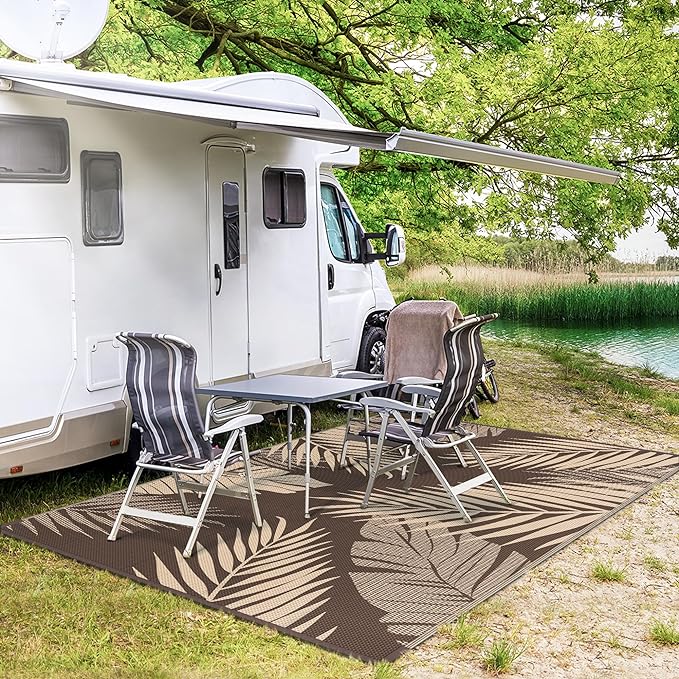 GENIMO Outdoor Rug 9' x 12' Waterproof for Patios Clearance, Reversible Outdoor Plastic Straw Camping Rug Carpet, Large Area Rugs Mats for RV, Camper, Deck, Balcony, Porch, Beach, Picnic, Coffee&Beige