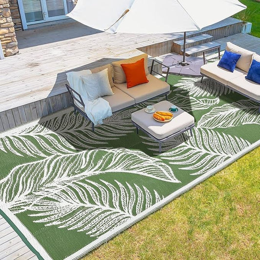 wikiwiki Outdoor Rug, 9x18ft Waterproof Reversible Mat Indoor Outdoor Rugs Carpet, Small Area Rug Plastic Straw Rug for Patio Deck Balcony Pool RV Camping Beach Picnic, Green, Rugscape Series