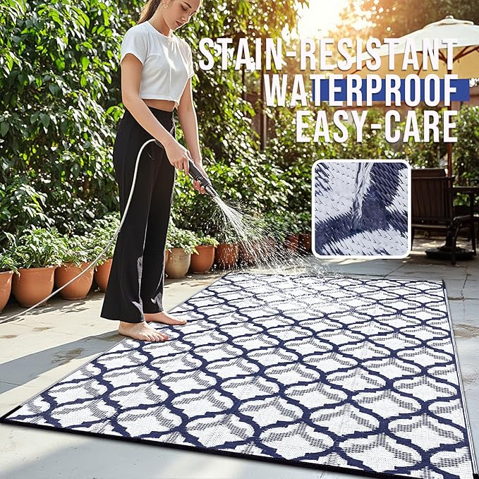 OLANLY Reversible Outdoor Rug 8x10 ft Clearance, Waterproof Outdoor Plastic Straw Rug with Interlacing Pattern, RV Mat for Patio, Camping, Balcony, Deck, Backyard, Navy & White