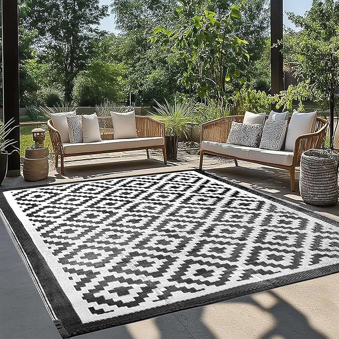 Outdoor Rug 8x10 Patio Waterproof, Plastic Straw Outdoor Carpet - UV Resistant Reversible Indoor Outdoor Rugs for Porch, Camping, Poolside, RV, Balcony, Easy to Clean, Black and White