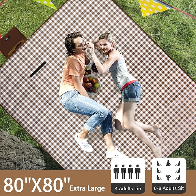 Outdoor Picnic Blanket 80"X80" Picnic Mat Extra Large Camping Blanket Beach Blanket Foldable Waterproof Sand Mat Hiking Travel Family Concerts(Brown)