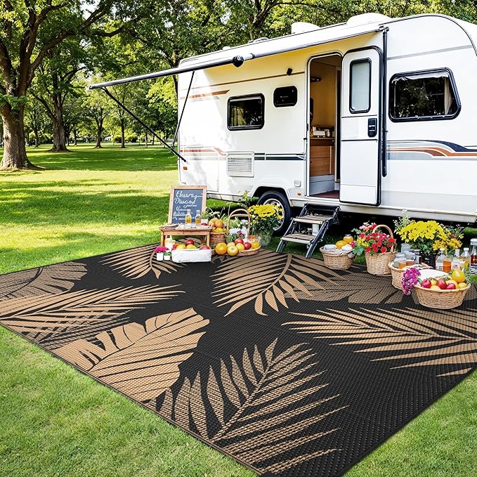 Outdoor Rug 8' x 10' for Patio Waterproof Clearance, Reversible Indoor Outdoor Plastic Straw Camping Rug Carpet, RV Mat, Large Area Rug for Deck, Backyard, Balcony, Porch, Beach,Black and Brown