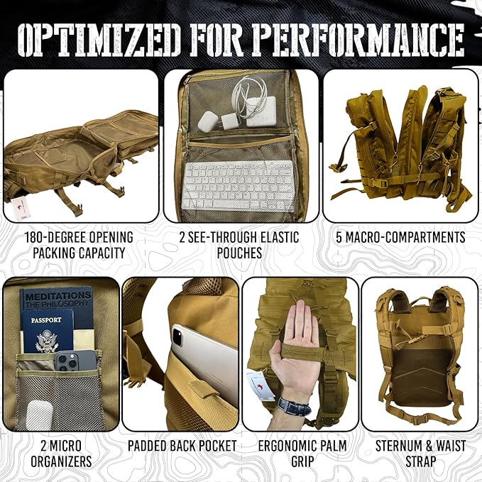 45L Elite Tactical Backpack | 3X Stronger Work & Military Backpack | Water Resistant and Heavy Duty | 3 Day MOLLE Bug Out Bag (Dune Brown)