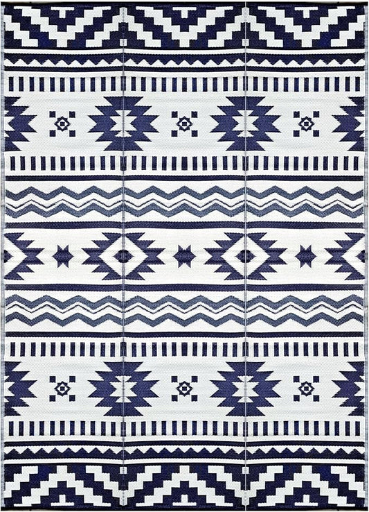 BalajeesUSA Outdoor Rugs 9x12 ft Large Plastic Patio Grey Dark Blue Affordable Multipurpose Woven Plastic Straw All-Weather Waterproof Reversible Camper mat Backyard Picnic Sports Camps Tent 7575