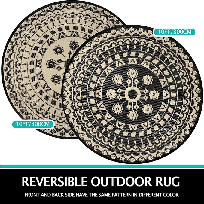 Capslpad 10Ft Round Outdoor Rug for Patio Reversible Mat Waterproof Plastic Straw Rug Boho Circle Indoor Outside Area Rug for RV Camping Picnic Pool Tent Balcony Beach Deck Doormats Decor, Beige