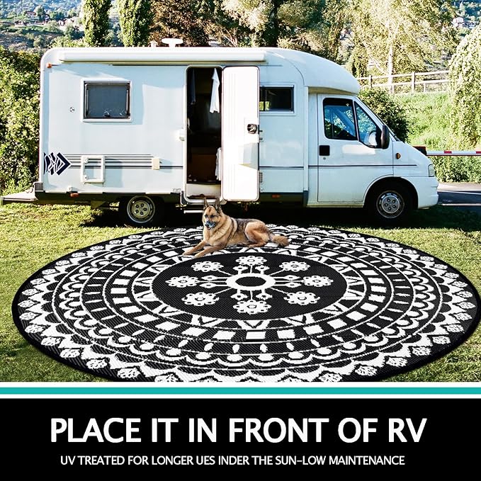 Capslpad 10Ft Round Outdoor Rug for Patio Reversible Mat Boho Circle Indoor Outside Area Rug Waterproof Plastic Straw Rug for RV Camping Picnic Pool Tent Beach Deck Balcony Doormats Decor, Black