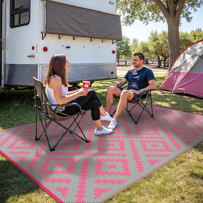 GENIMO Outdoor Rug for Patio Clearance, 6'x9' Reversible Plastic Straw Rugs, Lightweight Waterproof RV Camping Mat for Camper, Balcony, Deck, Backyard, Picnic, Pink & Grey