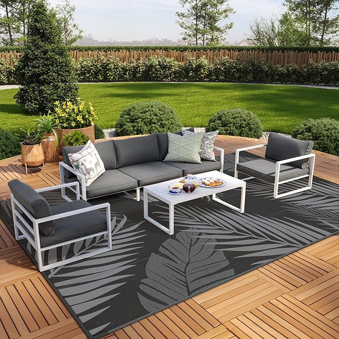 GENIMO Outdoor Rug 9' x 18' Waterproof for Patios Clearance, Reversible Outdoor Plastic Straw Camping Rug Carpet, Large Area Rugs Mats for RV, Camper, Deck, Balcony, Porch, Beach, Picnic, Black&Grey