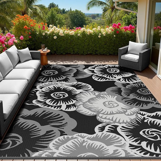 MontVoo Outdoor Rug 9x12 Waterproof Patio Rug-Outdoor Carpet Mat Reversible Plastic Straw Outside Outdoor Rug for RV Camping Picnic Beach Balcony Backyard Pool Deck Porch Farmhouse Floral Black