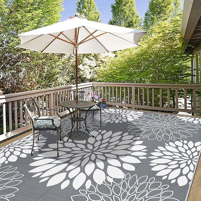 Ileading Reversible Outdoor Rug 8x10Ft Waterproof Patio Rug Carpet Portable Outdoor Plastic Straw Rug Large RV Camping Mat Rug for Patio, Clearance, Deck, Beach, Porch, Camping, Picnic, Grey