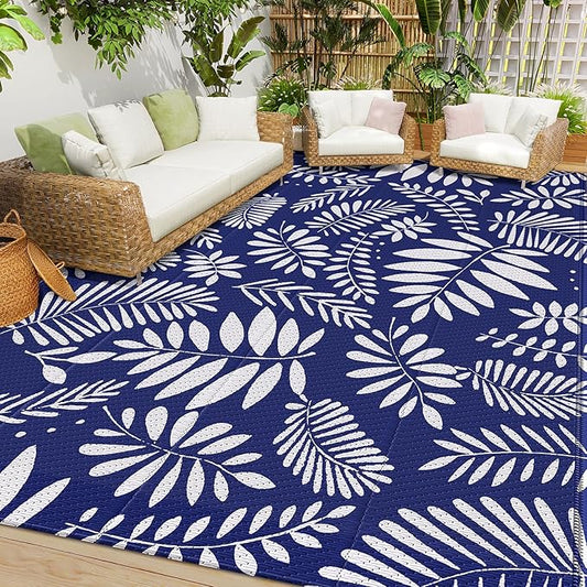 StepRite Outdoor Rug, Patio Rug, Plastic Straw Camping Rugs, Large Waterproof Area Rug and Mat for Outdoors, RV, Patio, Backyard, Deck, Porch, Beach, Balcony, (8'x 10', White & Blue)